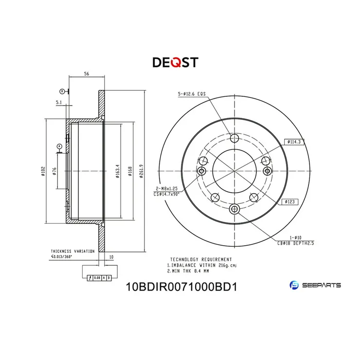 Диск тормозной, задний, HYUNDAI ELANTRA II 06-, SONATA VI 09- DEQST 10BDIR0071000