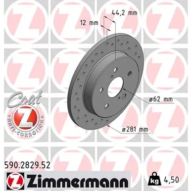Диск тормозной TOYOTA/LEXUS RAV4/NX 14- задний перфорированый D 281мм. ZIMMERMANN 590282952