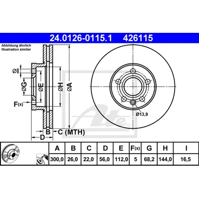 Диск тормозной передний вентилируемый VW T4 90- SHARAN 95- 300X26 ATE 24012601151