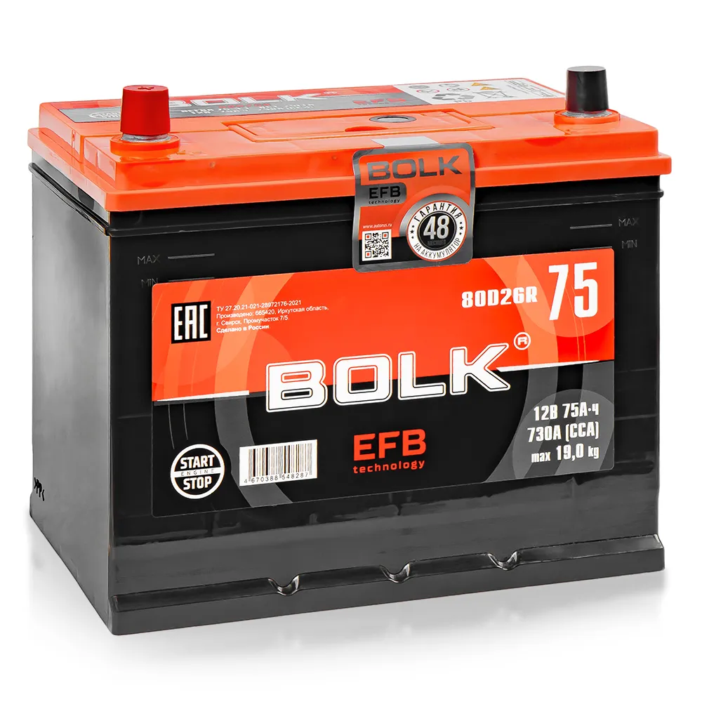 Аккумулятор BOLK EFB ASIA 75 А/ч, обратный R+, 260-175-225 D26 EN 730 A BOLK ВEFBА 75-З-R