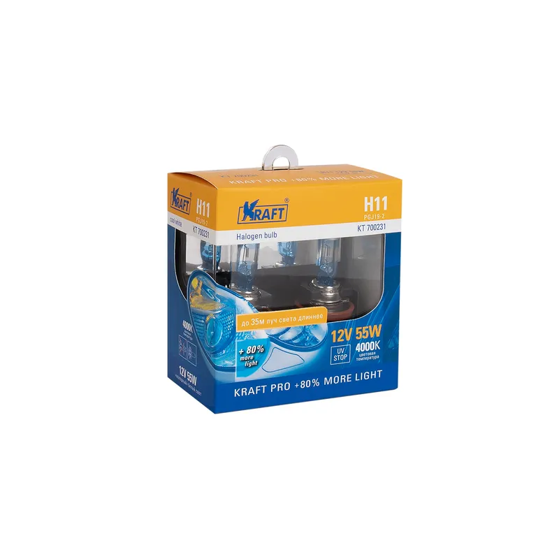 Лампа 12V H11 55W 1250lm PGJ19-2 4000K KRAFT PRO 2 шт. DUOBOX KT700231