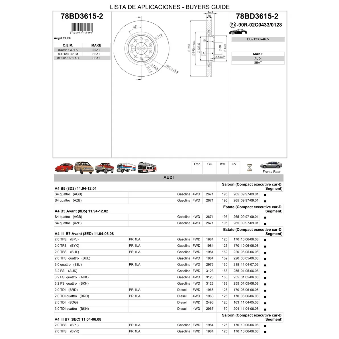 Диск тормозной передний AD A6 A4 97- ICER 78BD3615-2