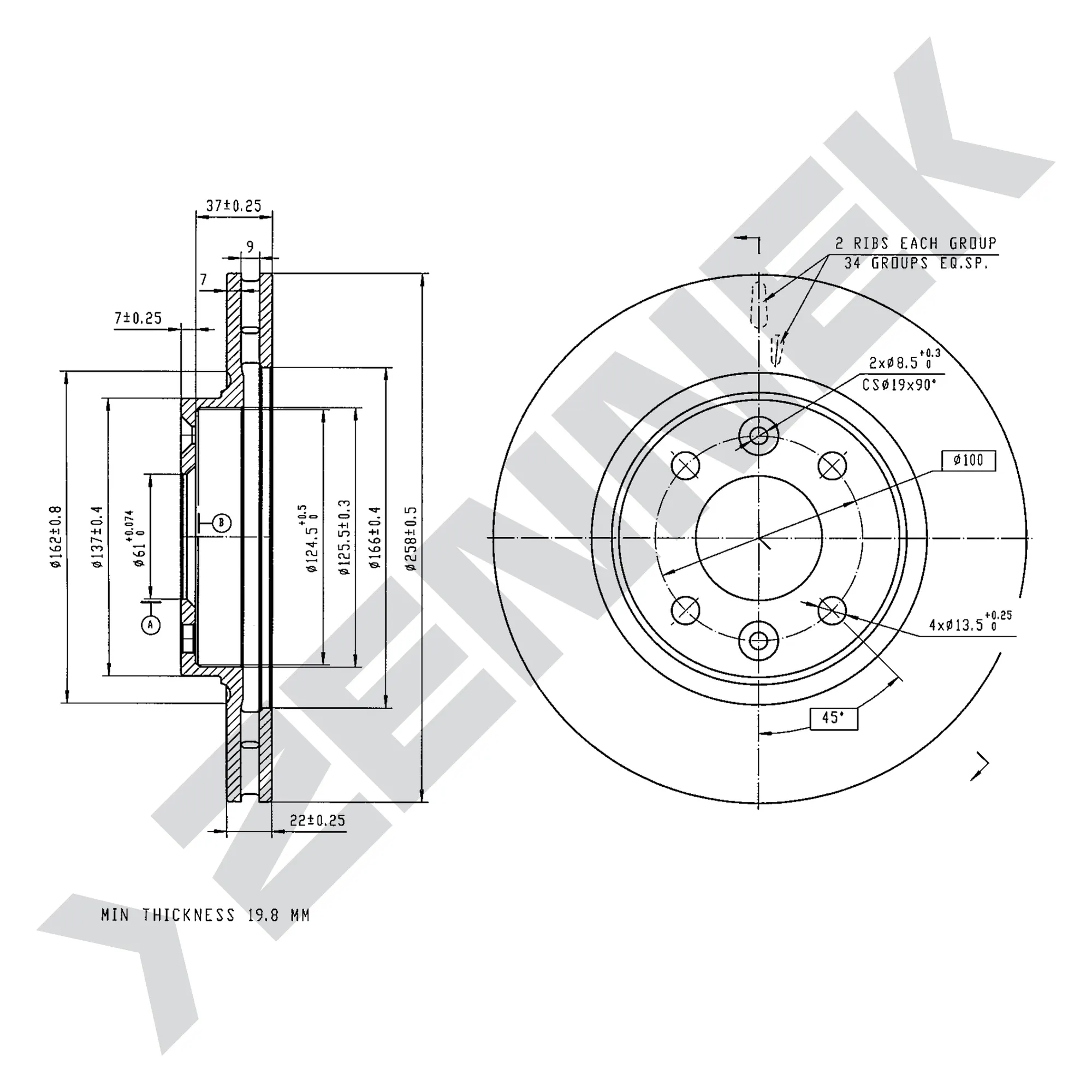 Диск тормозной передний RENAULT CLIO 12-, LOGAN 07-(2 шт) ZENNEK DBD0047