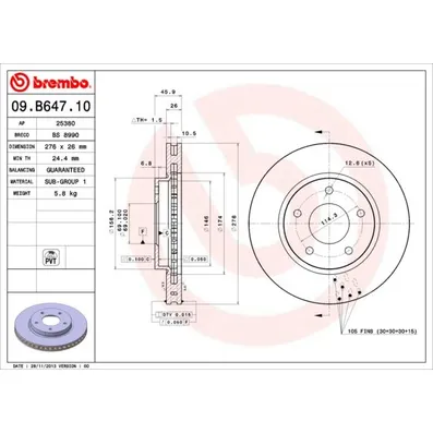Диск тормозной MITSUBISHI LANCER 08-/ DODGE CALIBER 06- передний вент.D=276 мм. BREMBO 09B64711