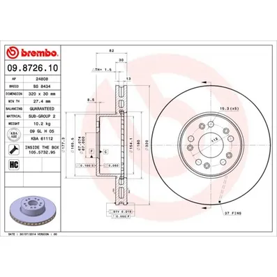 Диск тормозной передний MERCEDES-BENZ: S-CLASS 93-98, S-CLASS купе 92-99 BREMBO 09.8726.10