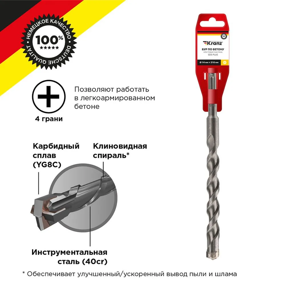 Бур по бетону 14x210x150 мм SDS PLUS крестовая пластина Kranz KR-91-0835