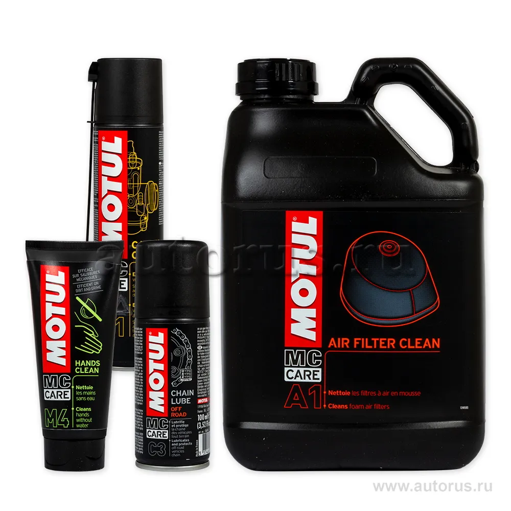 Смазка аэрозоль Motul MC CARE OFF ROAD для цепных передач 0,1 л + крем для очистки рук MOTUL HANDS CLEAN 0.1 л + очиститель для воздушных фильтров MOTUL A1 AIR FILTER CLEAN - 5 л + очиститель карбюратора MOTUL P1 CARBU CLEAN - 0.4 л 109703