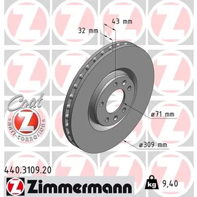 Диск тормозной передний вентилируемый PGT 607 3.0 V6 24V 00- 309X32 COAT Z ZIMMERMANN 440310920