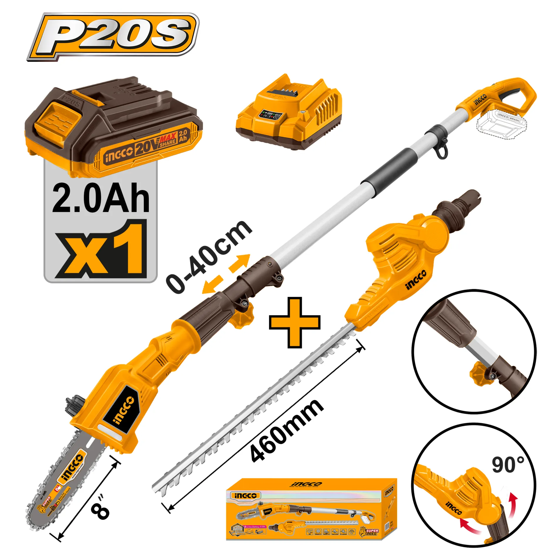 Аккумуляторный телескопический триммер 20В 2 в 1 (4) INGCO CPTS201681 INGCO CPTS201681