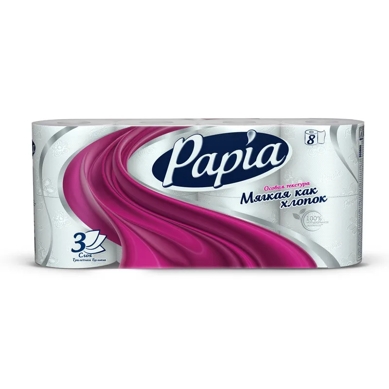Бумага туалетная Papia Белая 3сл бел 100цел втул 16,8м 140л 8рул/уп 483021