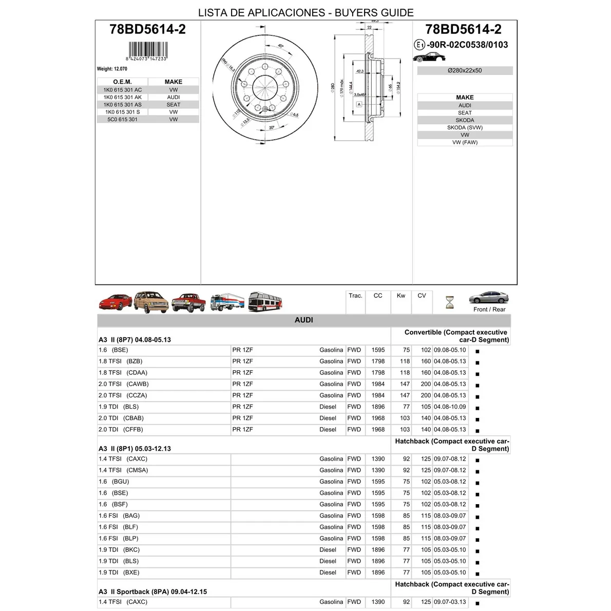 Диск тормозной передний AUDI/SEAT/SKODA/VW ICER 78BD5614-2