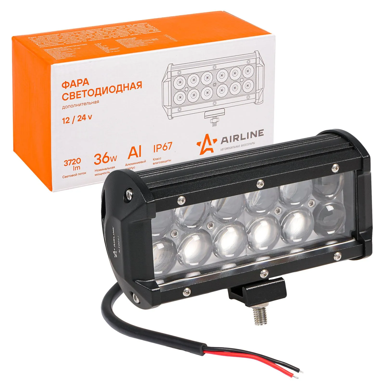 Фара светодиодная (балка) двухрядная 12LED, 4D линза, 36Вт, 165х78х65мм, 12/24В AIRLINE ALED047
