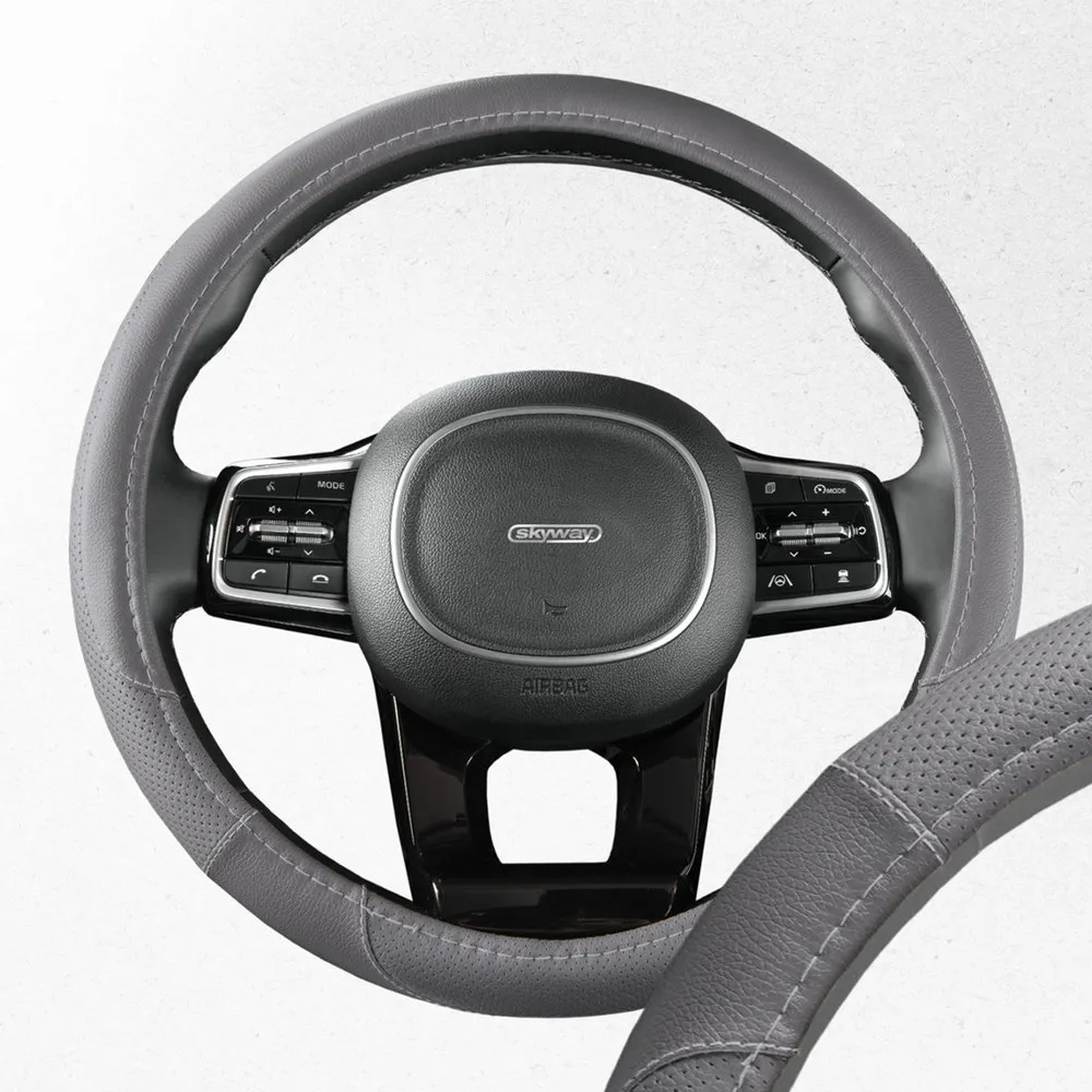 Оплетка руля SKYWAY кожаная Серая с перфорацией (M) SKYWAY S01102313
