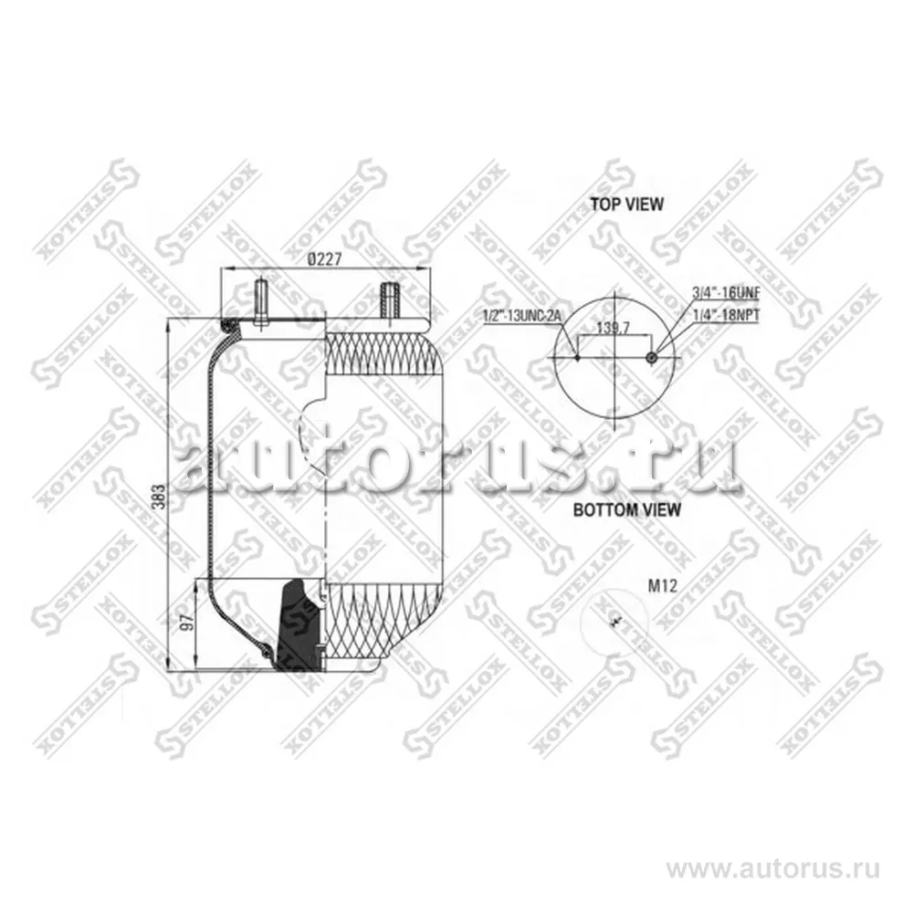 Пневмоподушка без стак. 2шп.M10 1штуц.M16 смещ.73 Н:1отв.M12 RVI STELLOX 84-00119-SX
