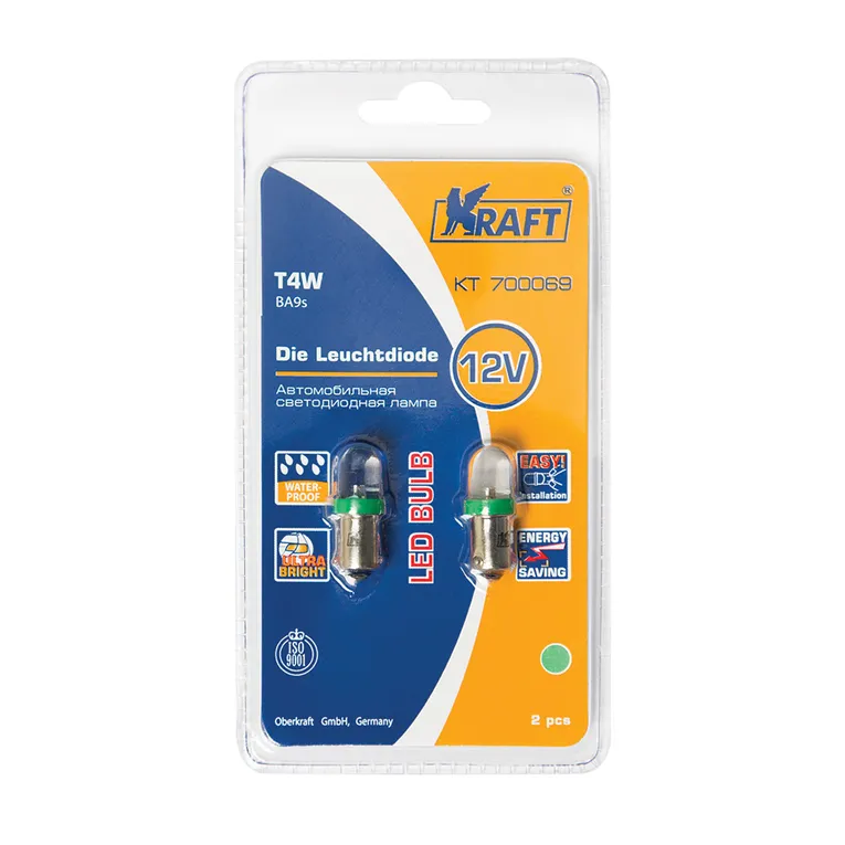 Лампа светодиодная 12V T4W 4W BA9s KRAFT 2 шт. картон KT700069
