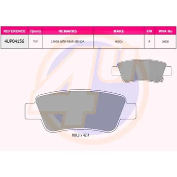 КОЛОДКИ ЗАД HON CR-V III 2.0/2.2D 07- (с 2 датчиками) 4U 4UP04156
