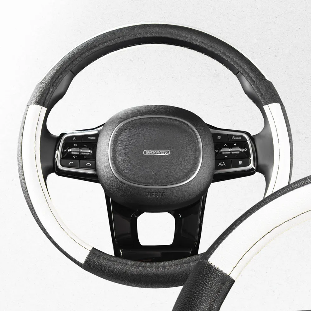 Оплетка руля SKYWAY кожаная черная с белыми вставками (М) SKYWAY S01102358