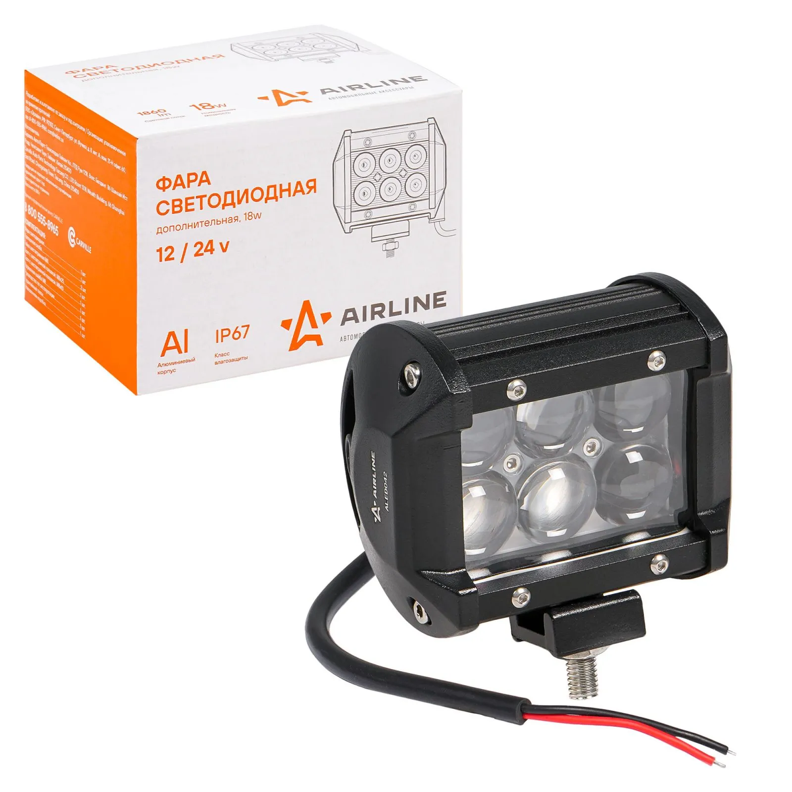 Фара светодиодная (балка) двухрядная 6LED, 4D линза, 18Вт, 98х78х65мм, 12/24В AIRLINE ALED042