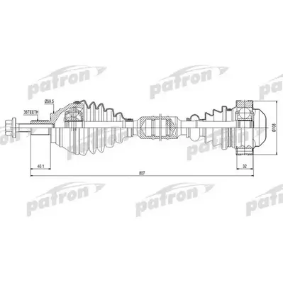 Полуось передняя правая 36x805x108 VW CADDY III 1,9TDI 04- PATRON PDS0416