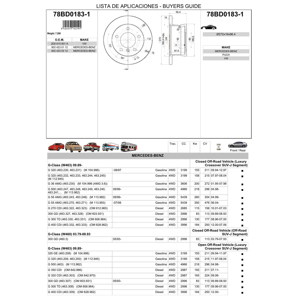 Диск тормозной задний MB W461/W463/2/3T-SPRINTER/VW LT 28-35 II /D=272MM ICER 78BD0183-1