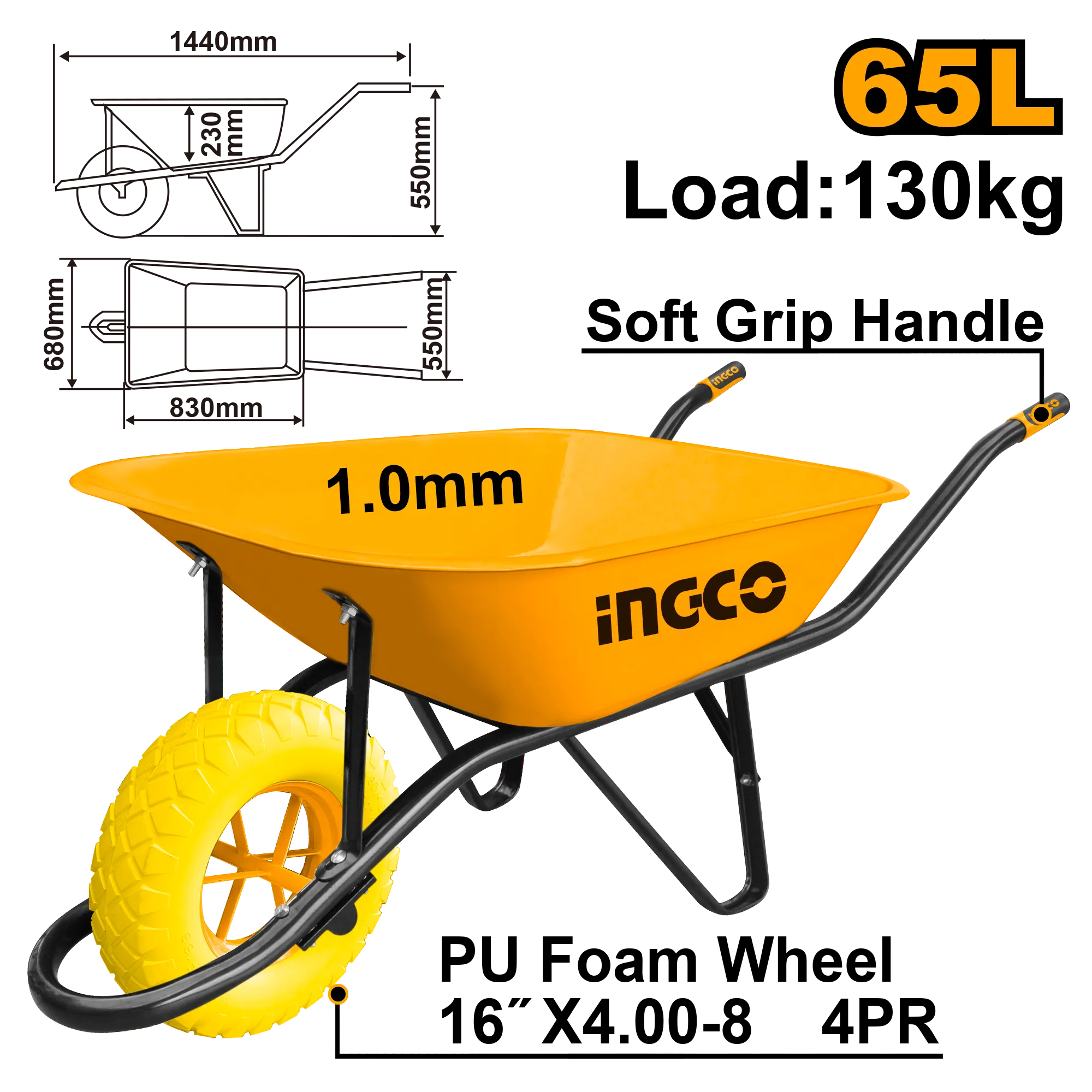 Тачка 130 кг INDUSTRIAL INGCO HHWB64010PU