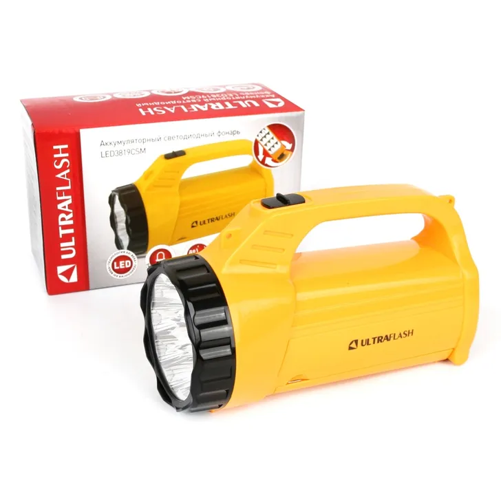 Фонарь аккум. 220В желт., 9LED +12SMD LED, 2 реж, SLA, пласт., коробка ULTRAFLASH LED3819CSM