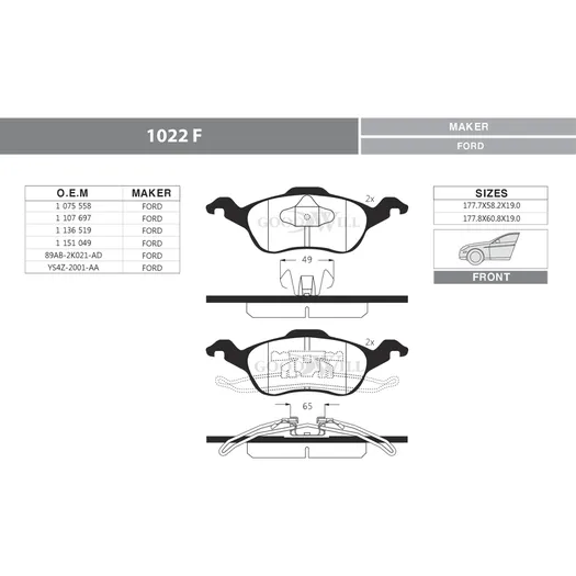 Колодки тормозные дисковые передние, комплект FORD Focus-1 (2 ШПП) GOODWILL 1022F