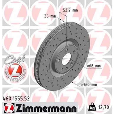 Диск тормозной передний R перфорированный с покрытием SPORT COAT Z PORSCHE MACAN 14-> ZIMMERMANN 460.1555.52