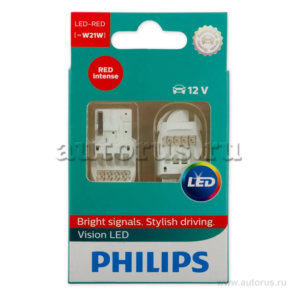 Лампа светодиодная 12V W21W 21W PHILIPS Vision LED 2 шт. картон 12838REDX2