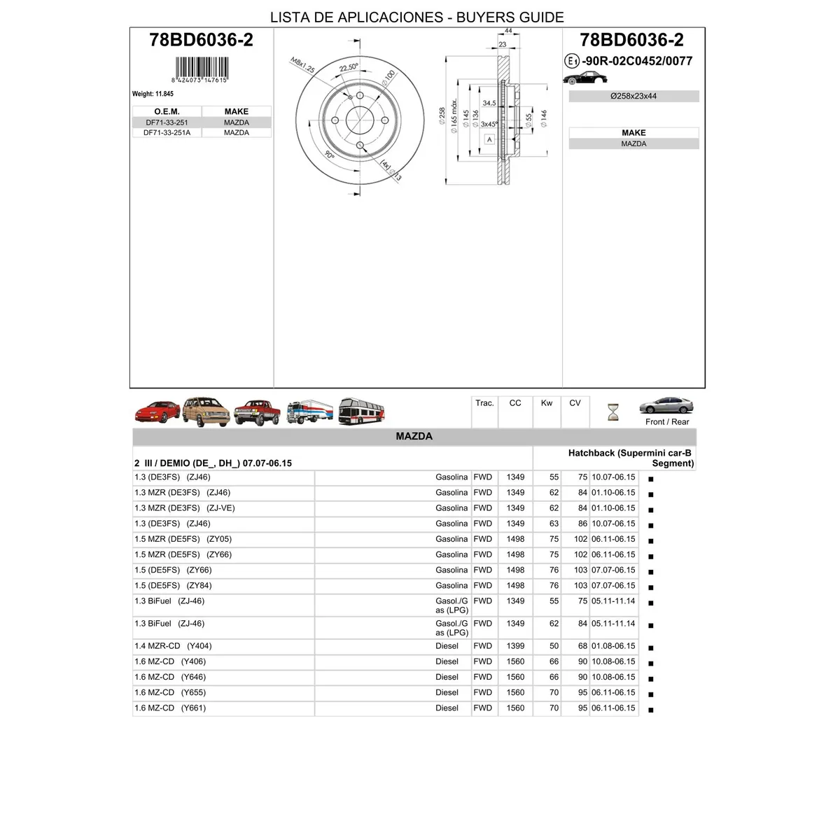 Диск тормозной передний FORD FIESTA VI 10->/MAZDA 2 08-> /VENT.D=258MM ICER 78BD6036-2