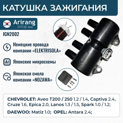 Катушка зажигания Daewoo (Matiz 1.0, Chevrolet Aveo 1.4, Nexia 1.5 1 ARIRANG IGN2002