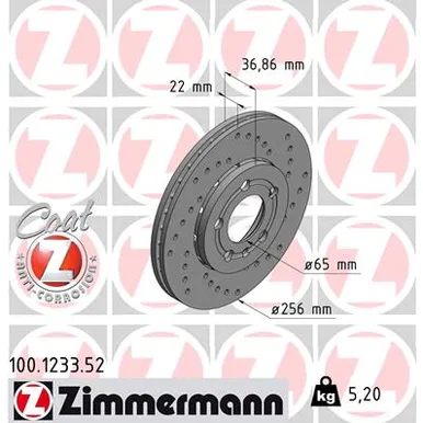 Диск тормозной передний AUDI A3, VW BORA, GOLF, SKODA OCTAVIA 96> ZIMMERMANN 100.1233.52