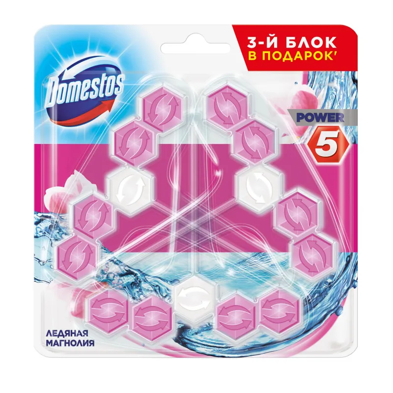 Блок для унитаза Domestos POWER 5 TRIO Ледяная магнолия 3х55гр на блистере 1442629