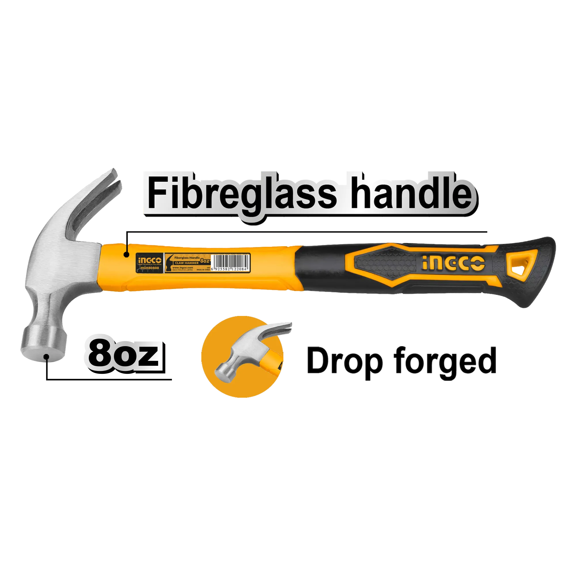 Молоток-гвоздодер 220 g с фиберглассовой рукояткой INGCO HCH80808