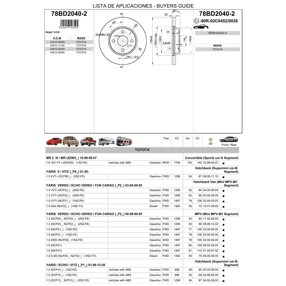 Диск тормозной передний TOYOTA YARIS 99- ICER 78BD2040-2