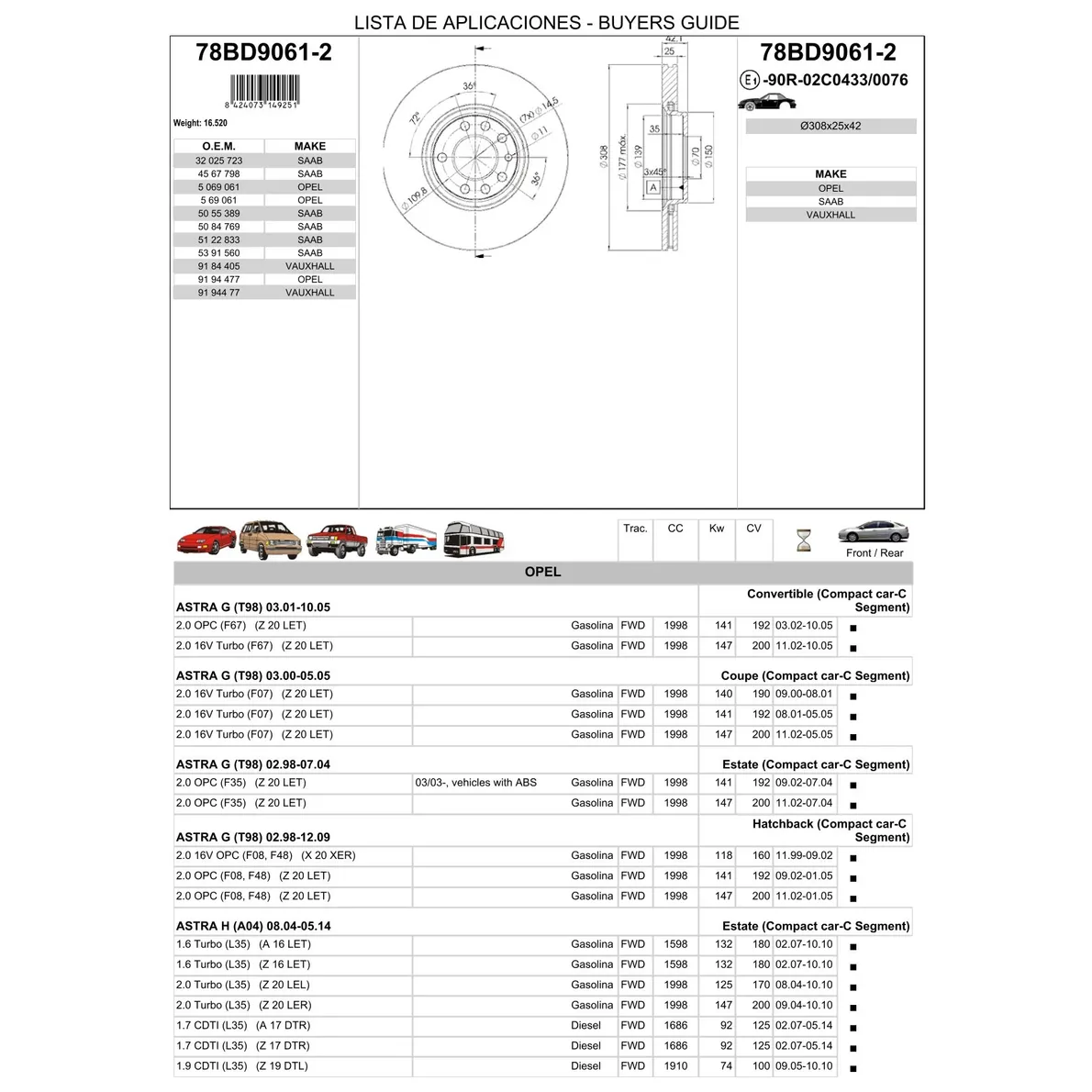 Диск тормозной передний OPEL ASTRA G,H/MERIVA/ZAFIRA// SAAB 9-5 ICER 78BD9061-2
