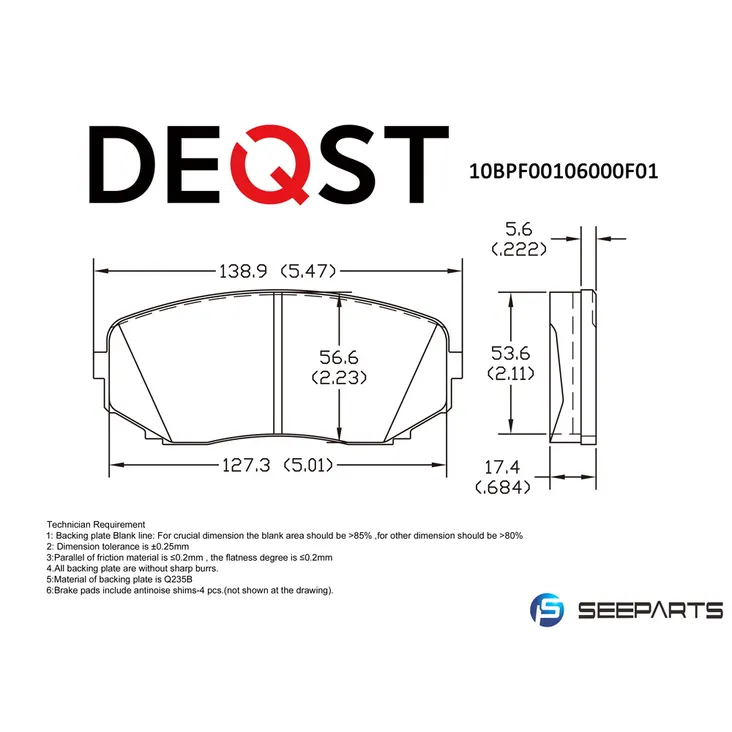 Колодки тормозные, передние MAZDA CX-7/CX-9 07- DEQST 10BPF00106000