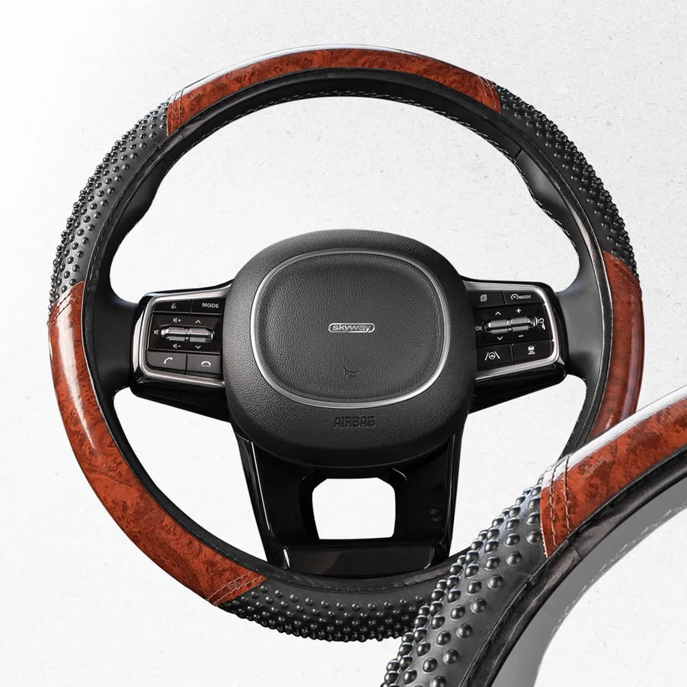 Оплетка руля SKYWAY кожаная Черно/Коричневая дерево, массажная ECO (M) SKYWAY S01102057