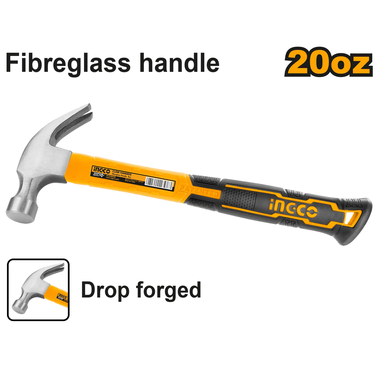 Молоток-гвоздодер 560 g с фиберглассовой рукояткой INGCO HCH80820