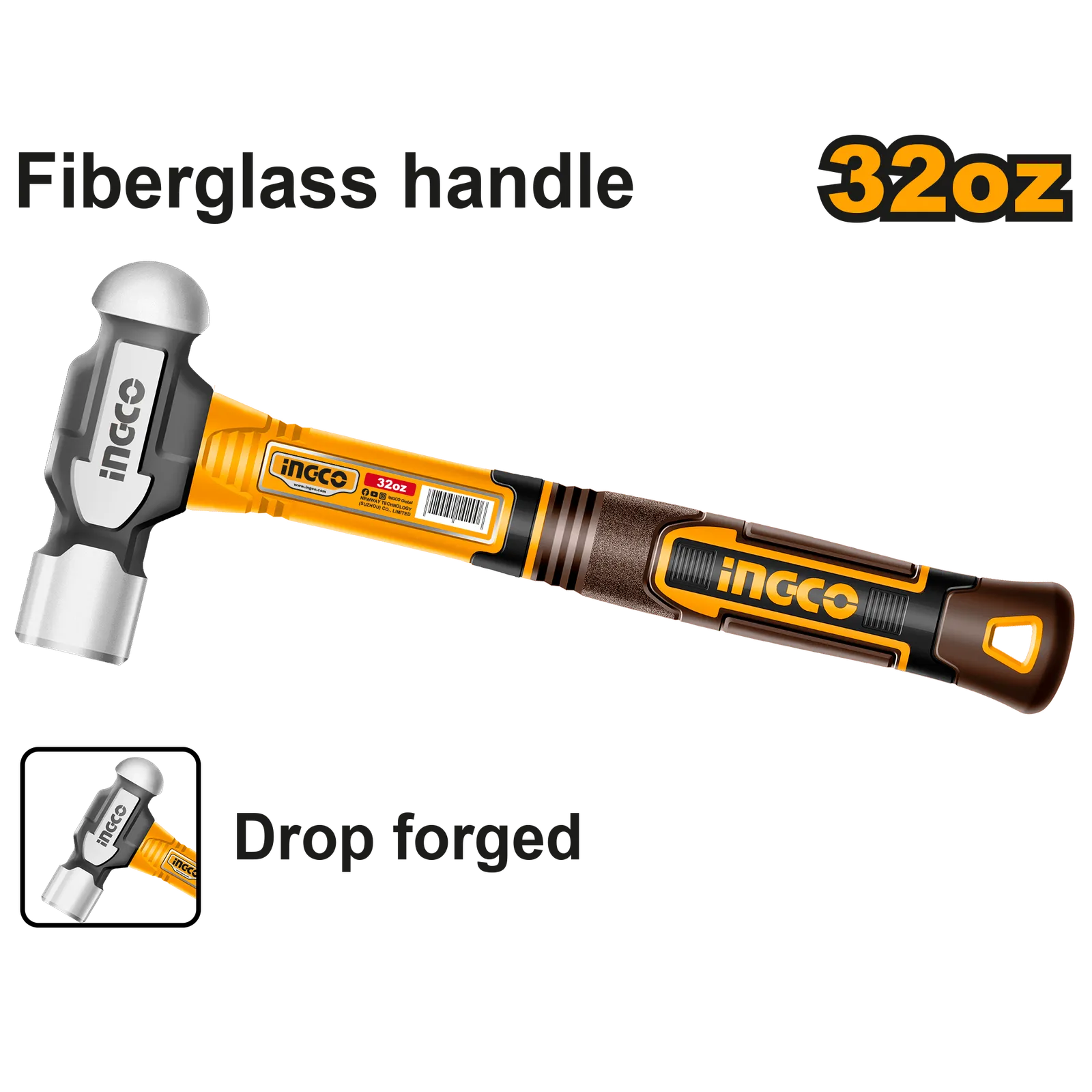 Молоток с круглым бойком 900 г (6/18) INGCO HBPH81032