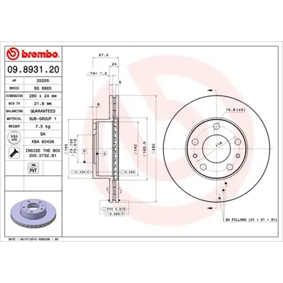 Диск тормозной передний вентилируемый 280X24 5 отверстий BREMBO 09893121
