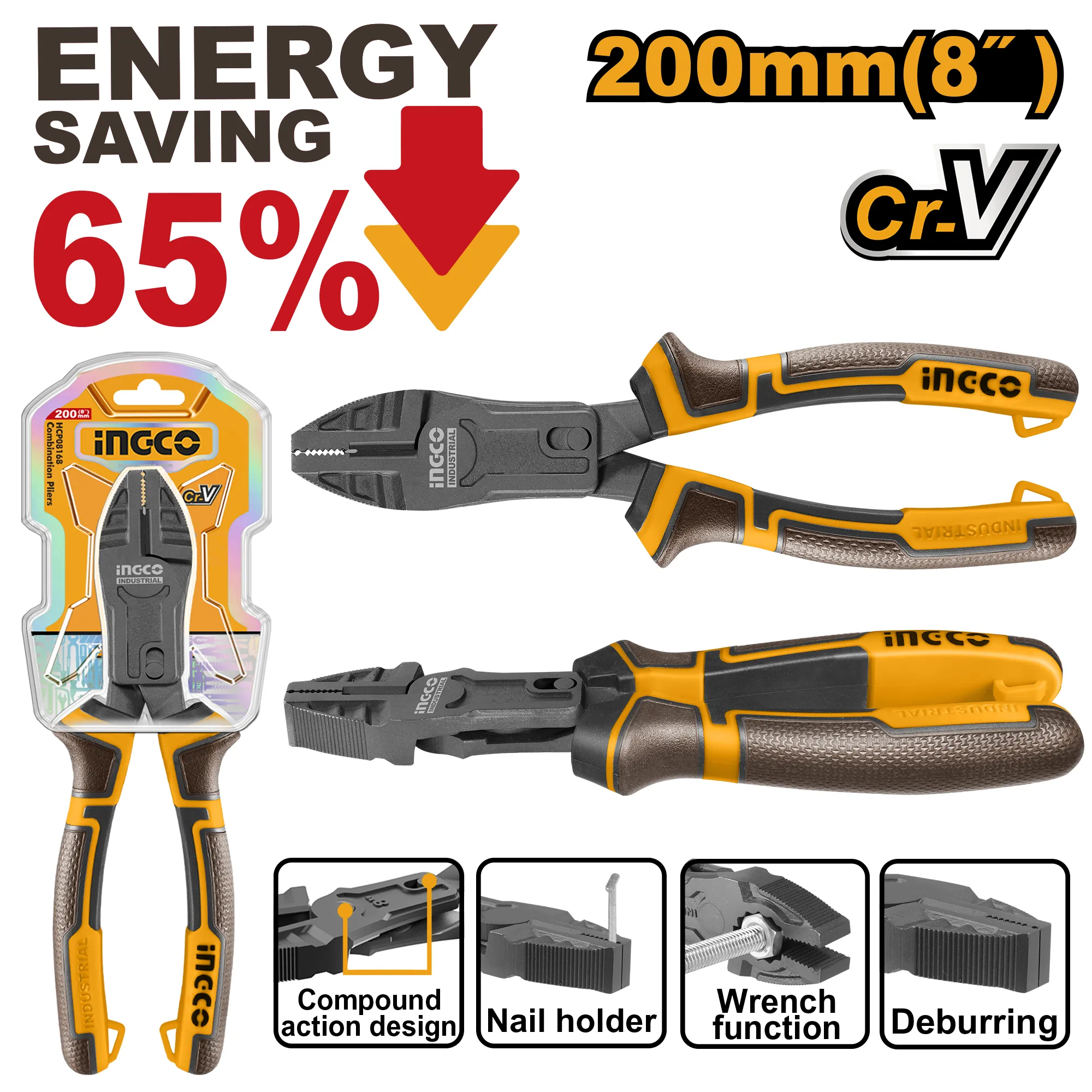 Плоскогубцы комбинированные 200 мм (6/36) INDUSTRIAL INGCO HCCP58200