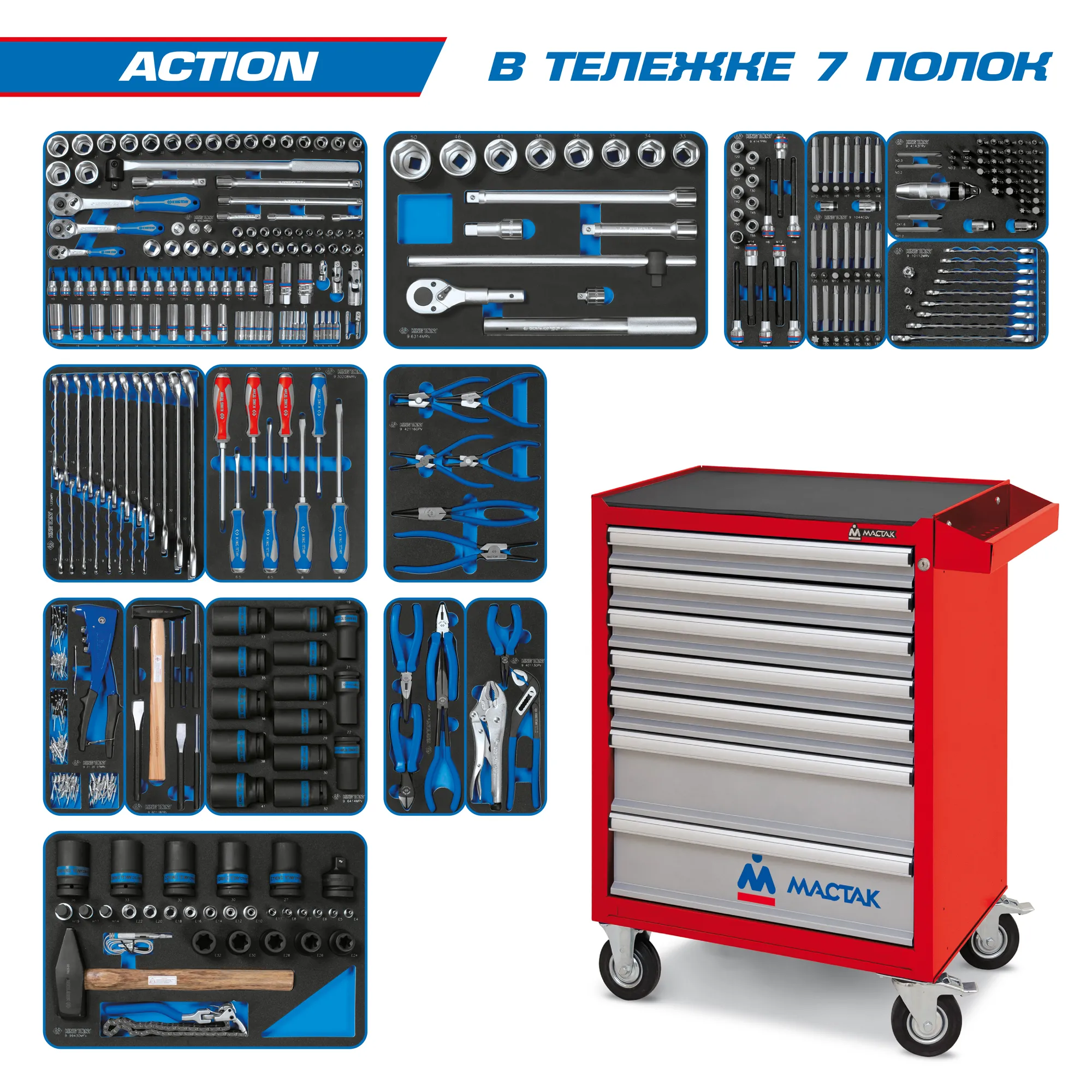 Набор инструментов 327 предметов, ACTION, в красной тележке KING TONY 934-327AMR