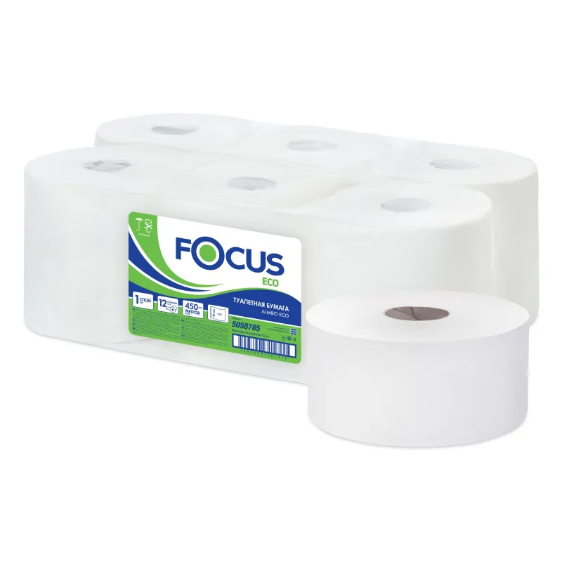 Бумага туалетная д/дисп Focus Eco Jumbo 1сл бел цел 450м 12рул/уп 5050785 1418102