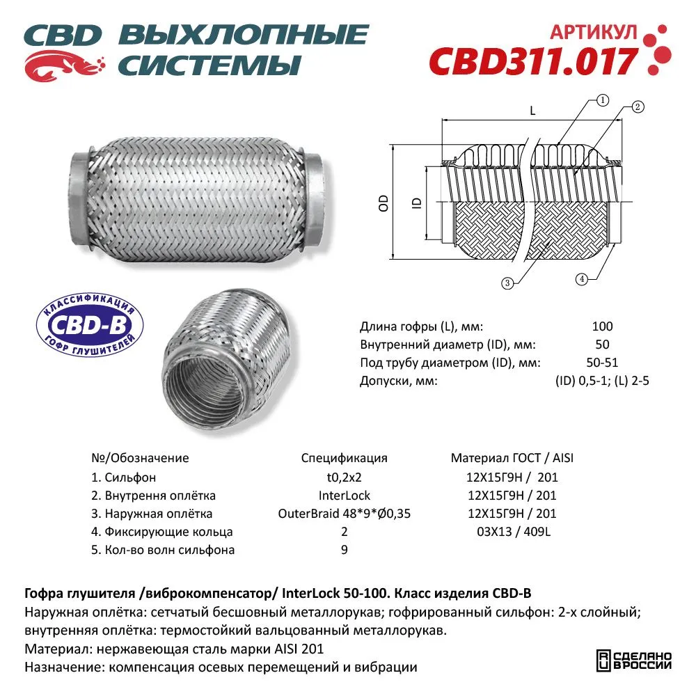 Гофра глушителя 3х-сл InterLock 50-100. CBD311.017