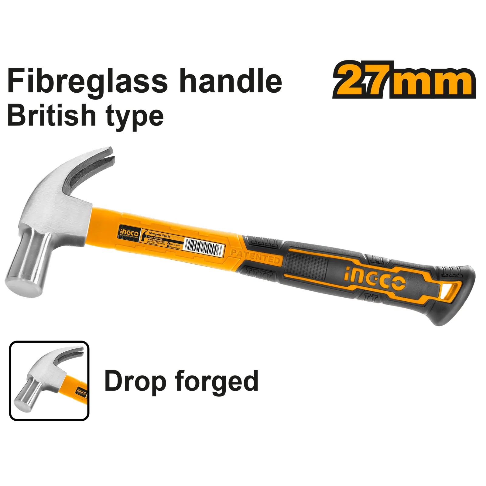 Молоток-гвоздодер с фиберглассовой рукояткой INGCO HCH880227