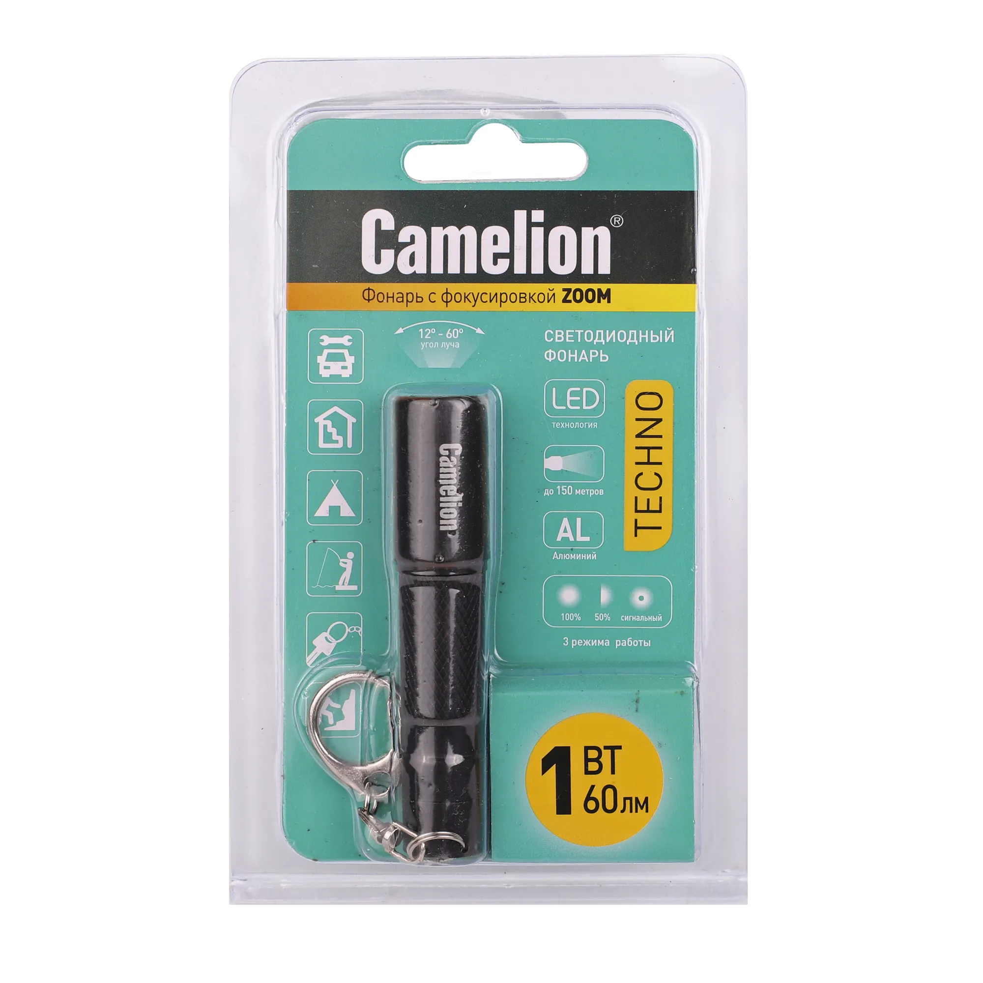 Фонарик черн., LED XPE, ZOOM, 3 реж 1XLR03, алюм., откр. блистер Camelion LED51532