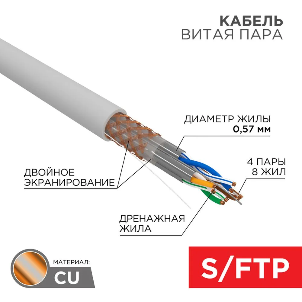 Кабель витая пара, S/FTP, CAT 6A, ZH нг(А)-HF, 4х2х0,575мм, 23AWG, INDOOR, SOLID, серый, 305м PRO REXANT 02-0325