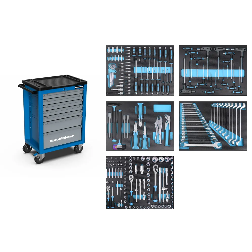 Тележка инструментальная 7 ящиков (RAL5015/RAL7040) с набором инструмента 218 предметов AutoMeister 79485