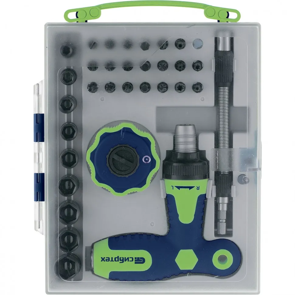 Отвертка Т-образная и трещотка, реверсивные с набором бит, торцевых головок, 34 предмета, CrV Сибрте СИБРТЕХ 13383